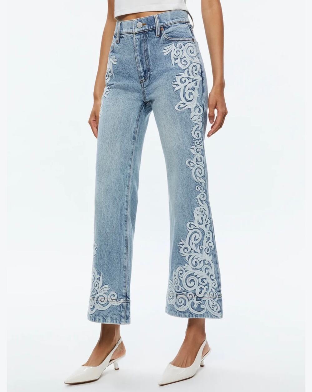 Alice + Olivia Jeans Size 32 Embroidered Wide Leg Flare High Rise Blue Denim